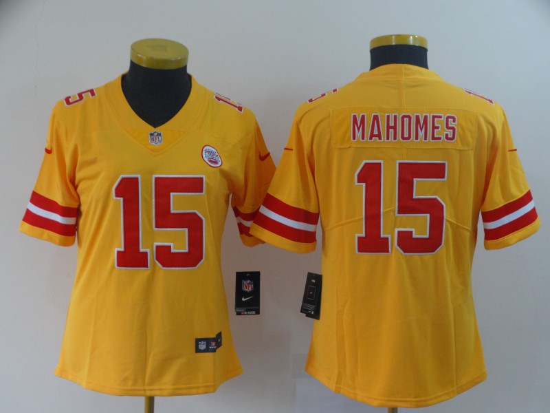 Women Kansas City Chiefs #15 Mahomes yellow Nike Vapor Untouchable Limited NFL Jerseys->women nfl jersey->Women Jersey